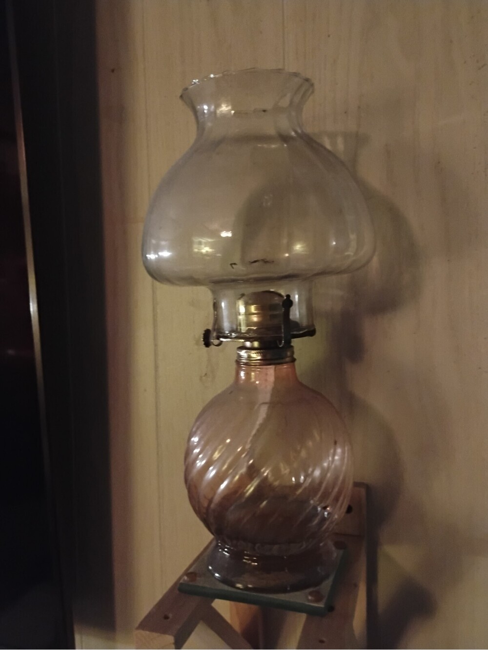 Vintage Glass Oil Lamp with Swirled Pink Base and Clear Chimney